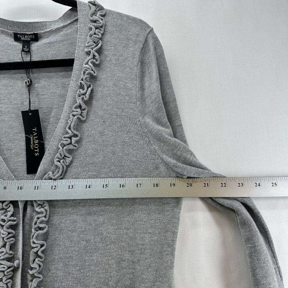 Talbots Cardigan Sweater Womens L Button Up V-Neck Ruffle Placket 4-Pocket Gray - Picture 9 of 12